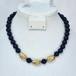 VINTAGE Navy Beaded - Gold Tone Metal Beaded Necklace